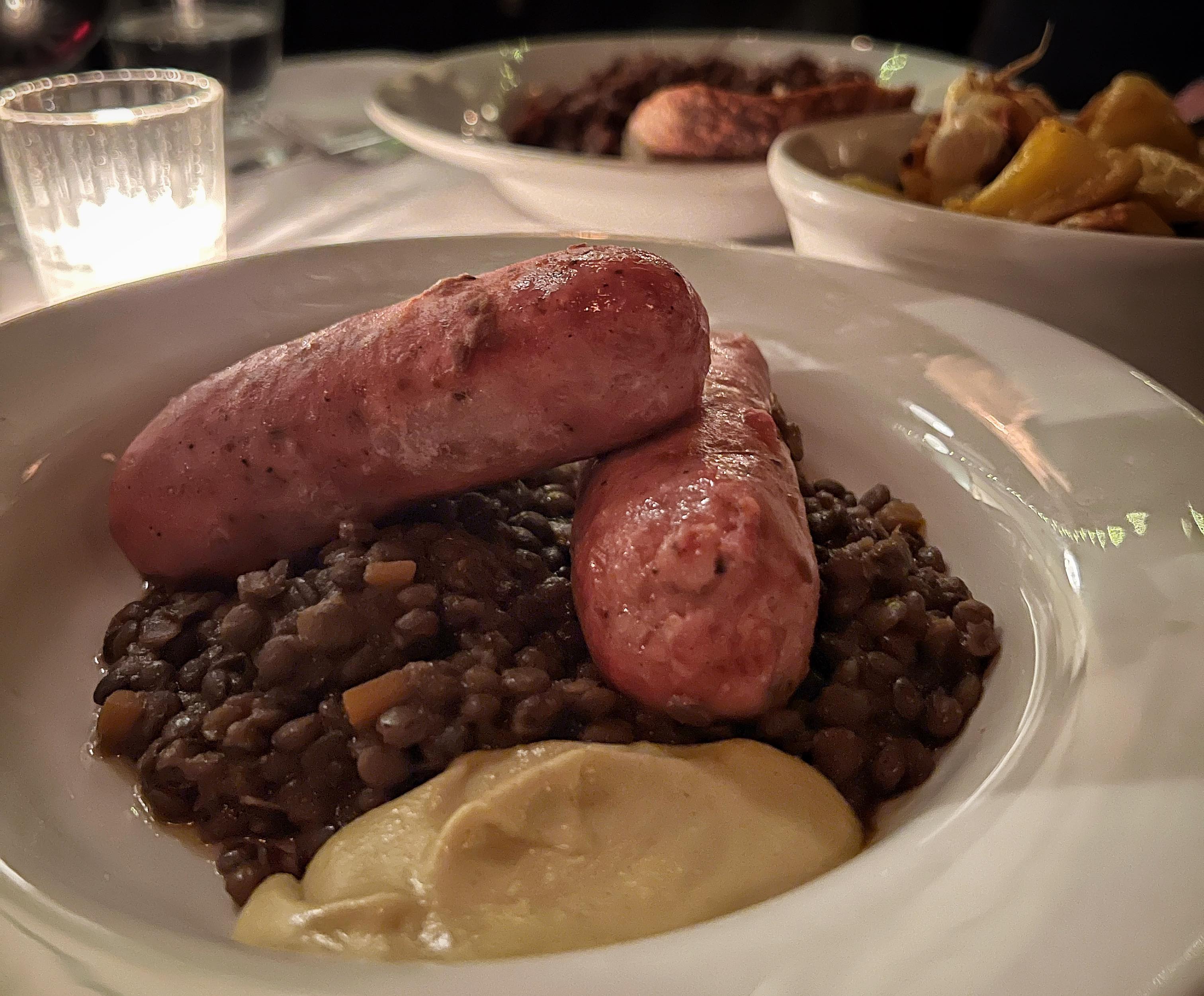 Sausages, lentils and mustard at Trattoria Brutto